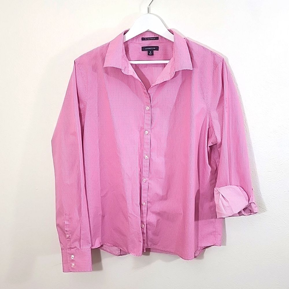 Land's End pink and white dotted button down plus size 18 No Iron Supima